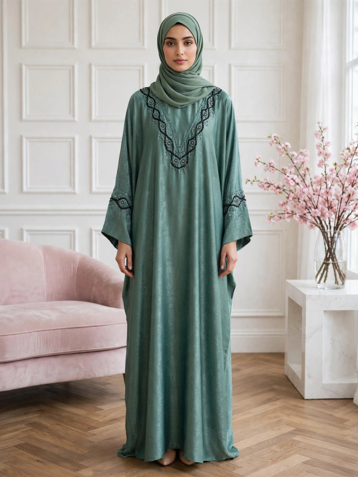 GULAFSHA HANDWORK ABAYA | SEA GREEN