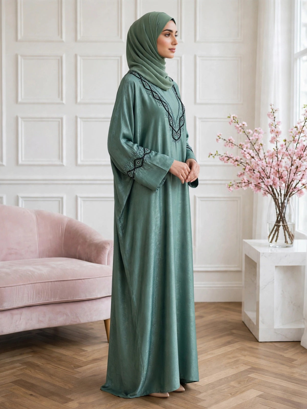 GULAFSHA HANDWORK ABAYA | SEA GREEN