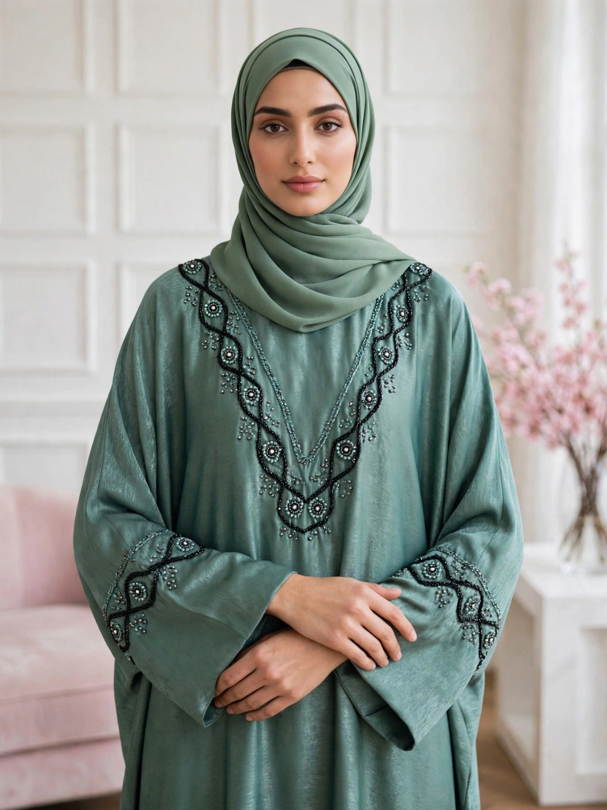 GULAFSHA HANDWORK ABAYA | SEA GREEN