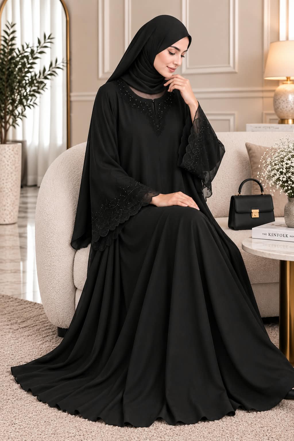 028 - RAMEEZA STONE WORK ABAYA | BLACK