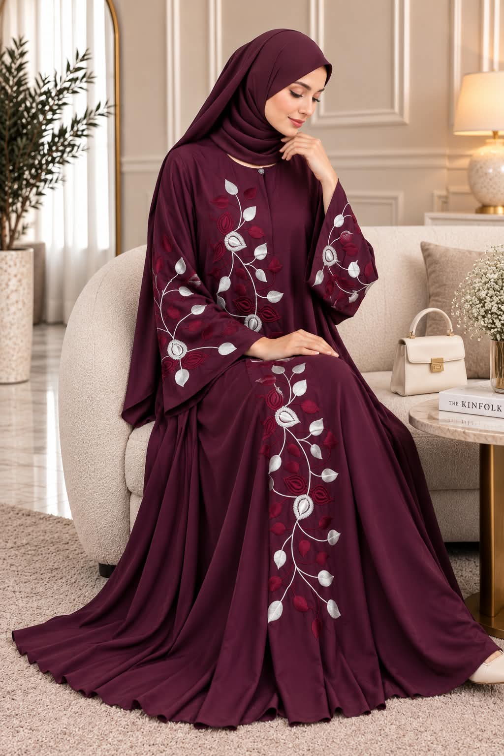 032 - ABEERA EMBROIDERY ABAYA | MAROON