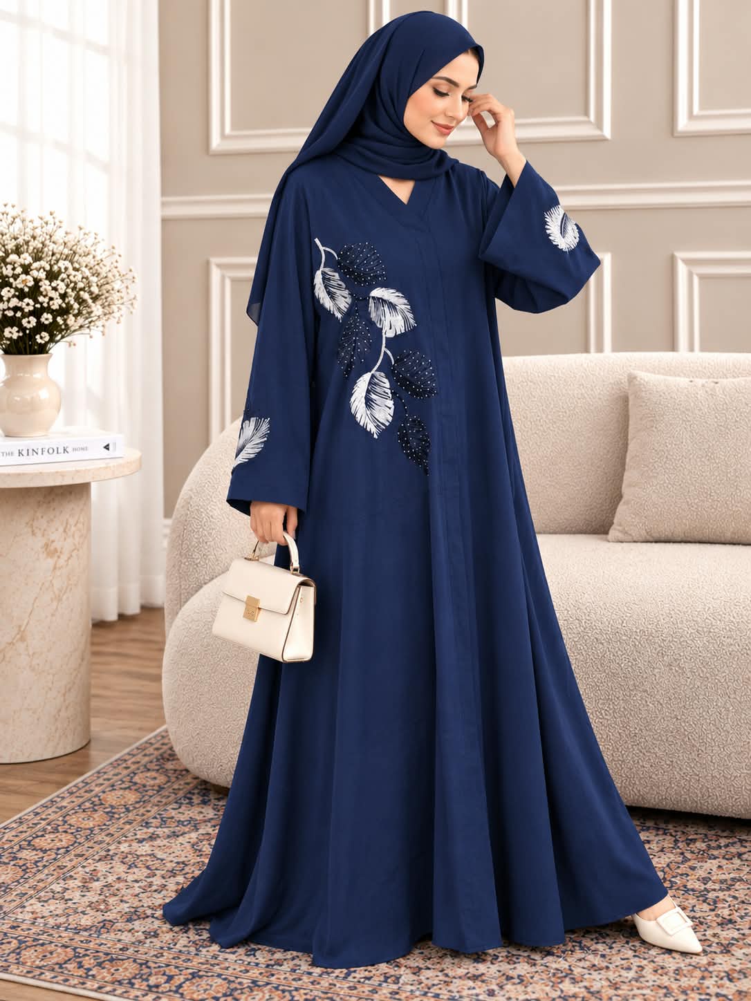 034 - ELAF STONE WORK ABAYA | NAVY BLUE