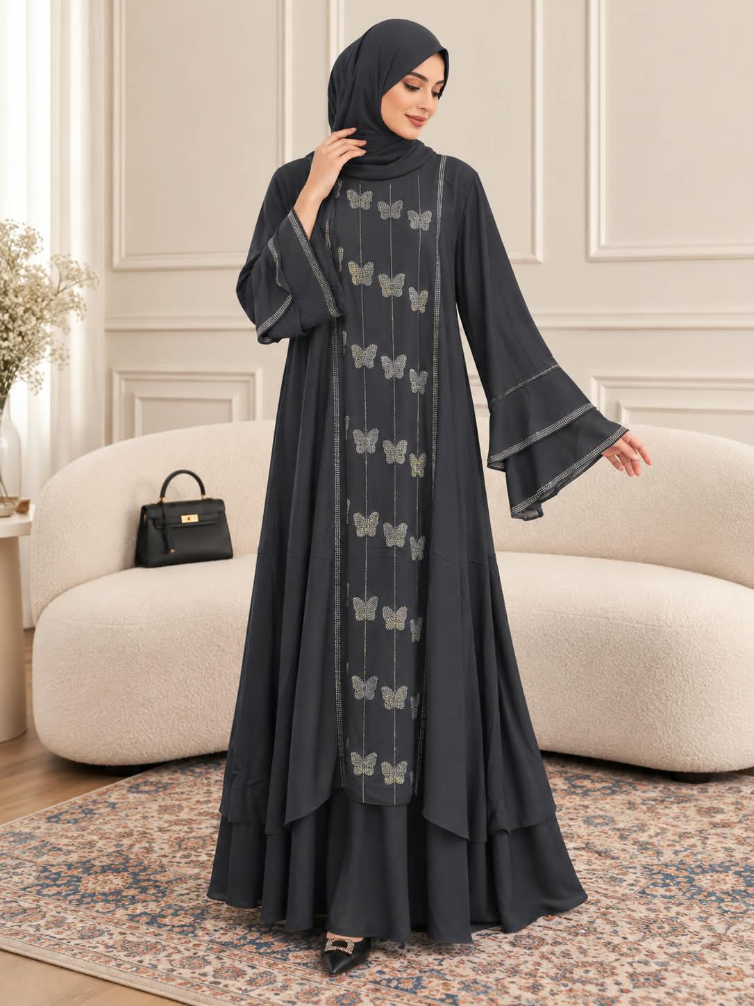 024 - AYLEEN STONE WORK ABAYA | DARK GRAY