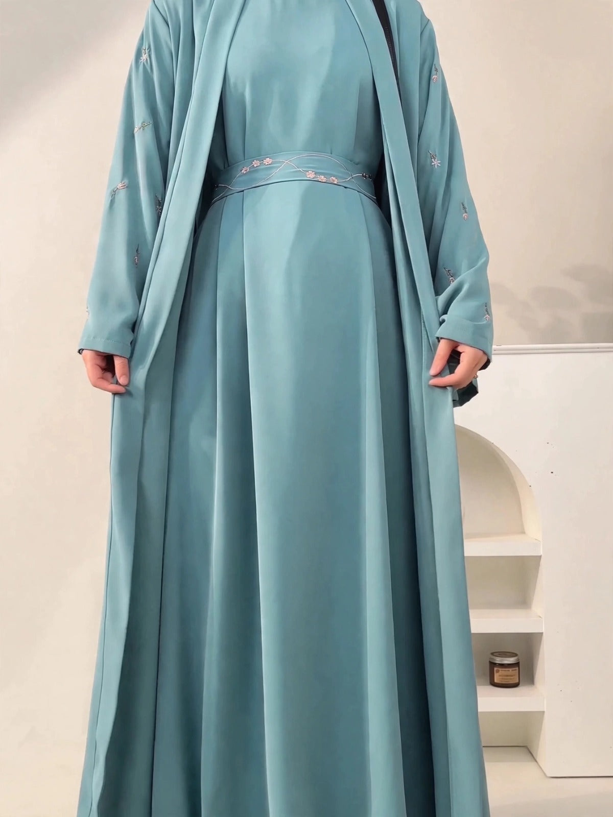 UMAIMA DOUBLE SHRUG ABAYA | SAND GRAY