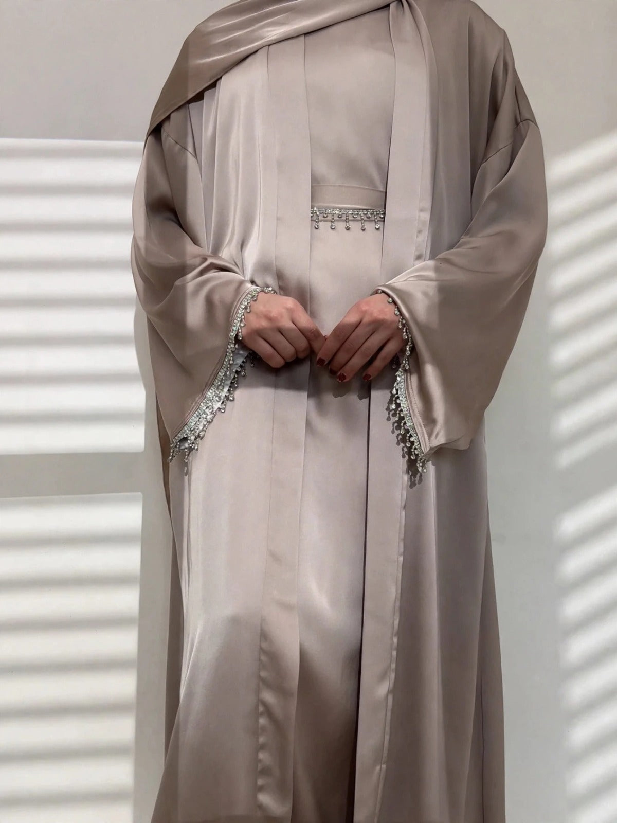 SAFFIA DOUBLE SHRUG LACE ABAYA | NUDE