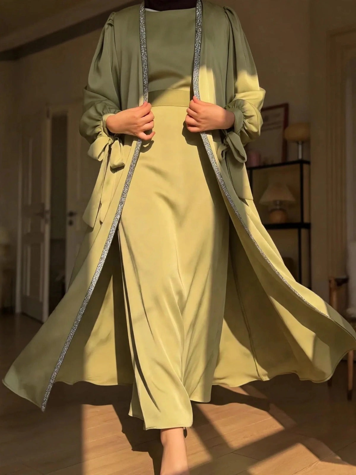 BISMA DOUBLE SHRUG ABAYA | PISTA GREEN
