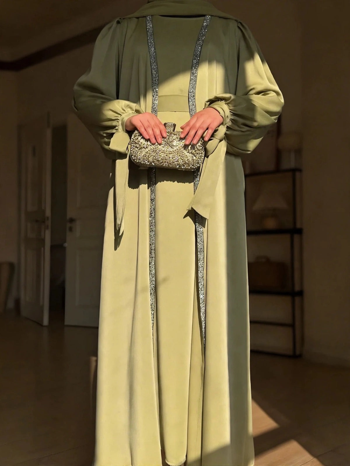 BISMA DOUBLE SHRUG ABAYA | PISTA GREEN