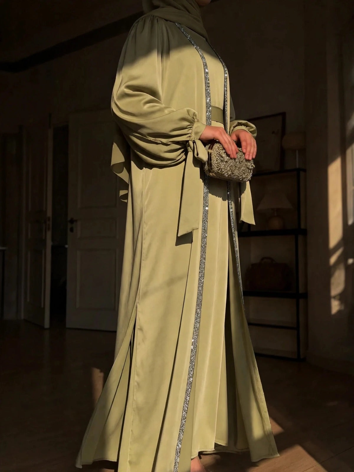 BISMA DOUBLE SHRUG ABAYA | PISTA GREEN