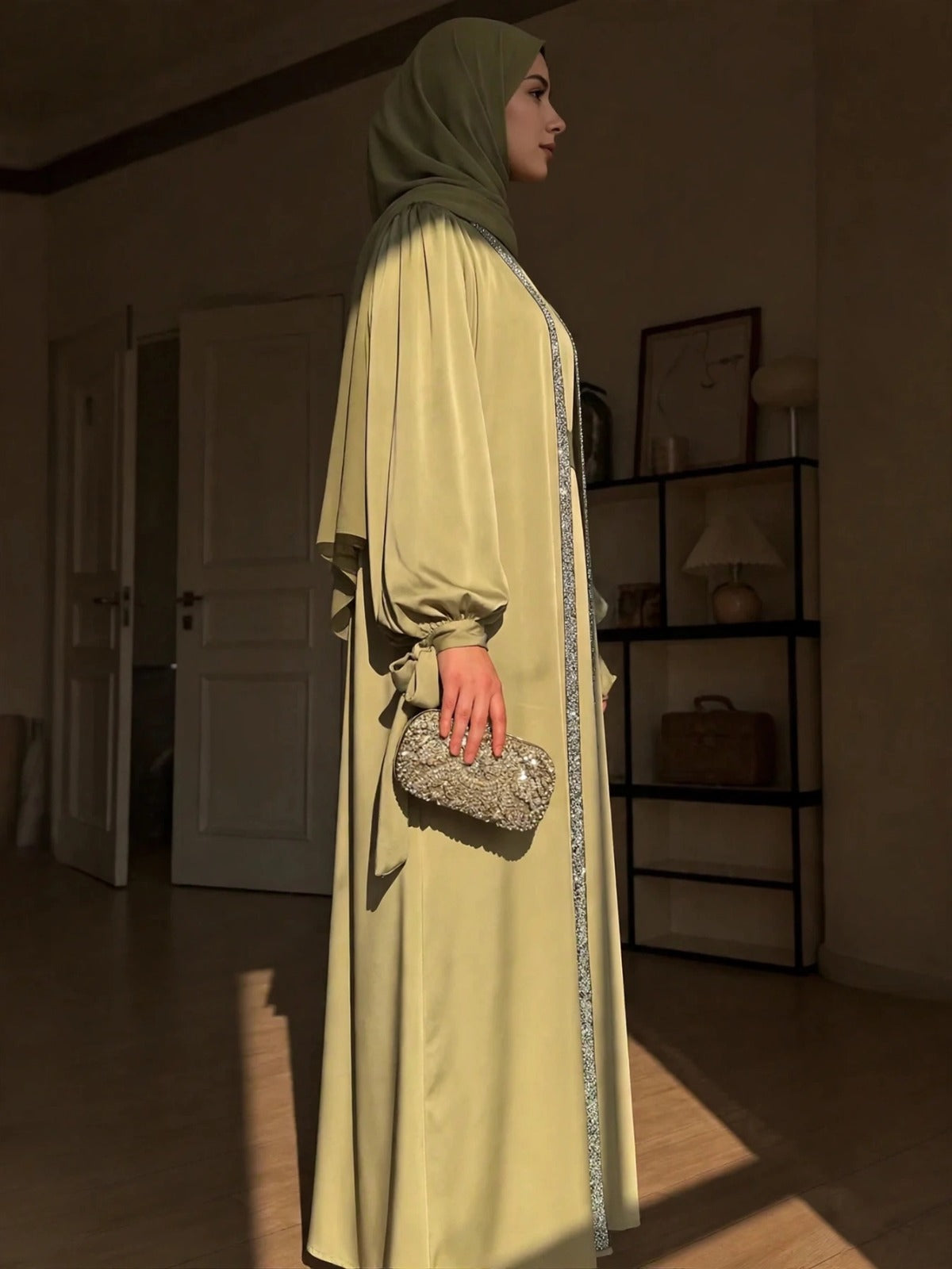BISMA DOUBLE SHRUG ABAYA | PISTA GREEN