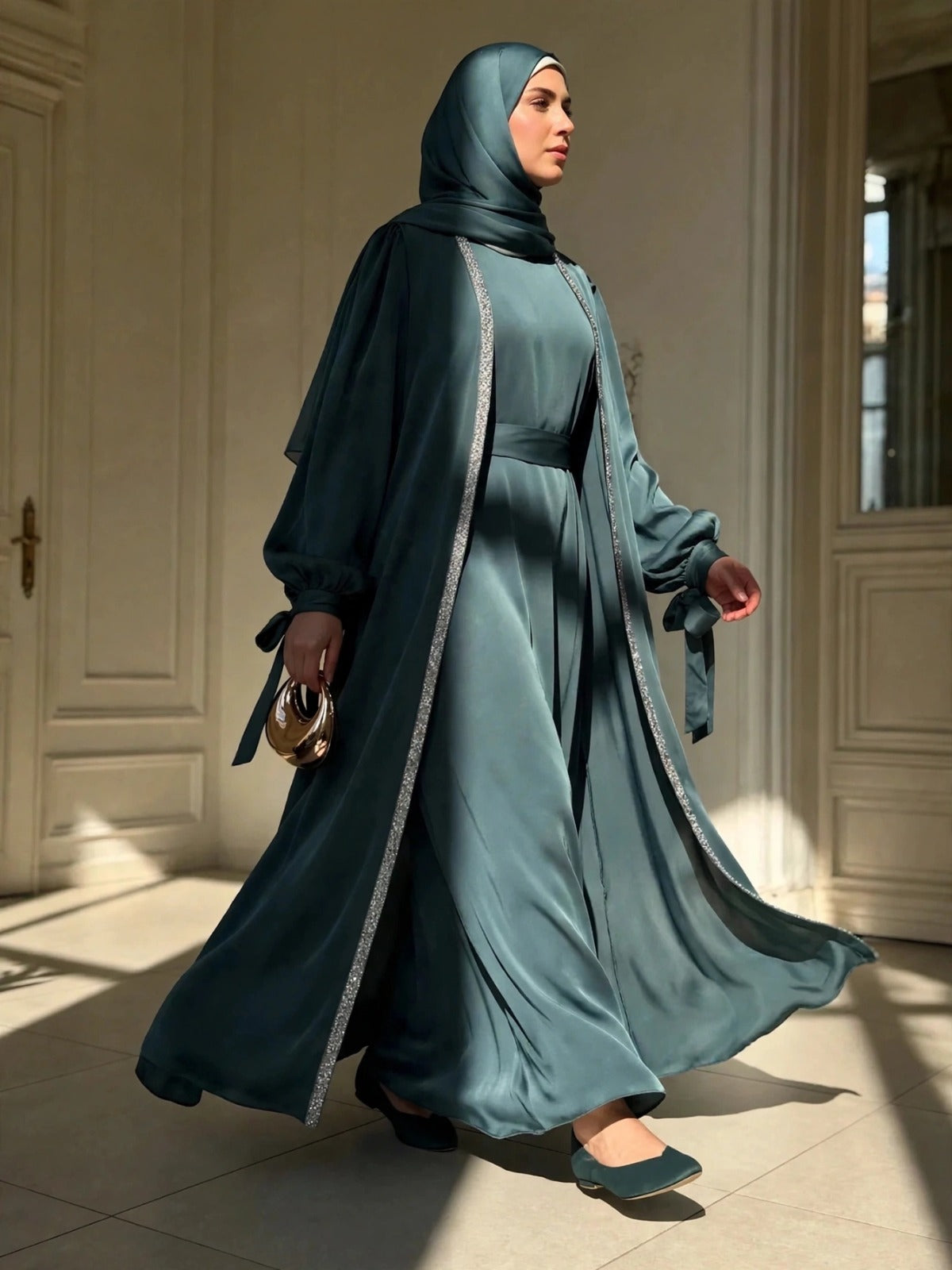 BISMA DOUBLE SHRUG ABAYA | TEAL