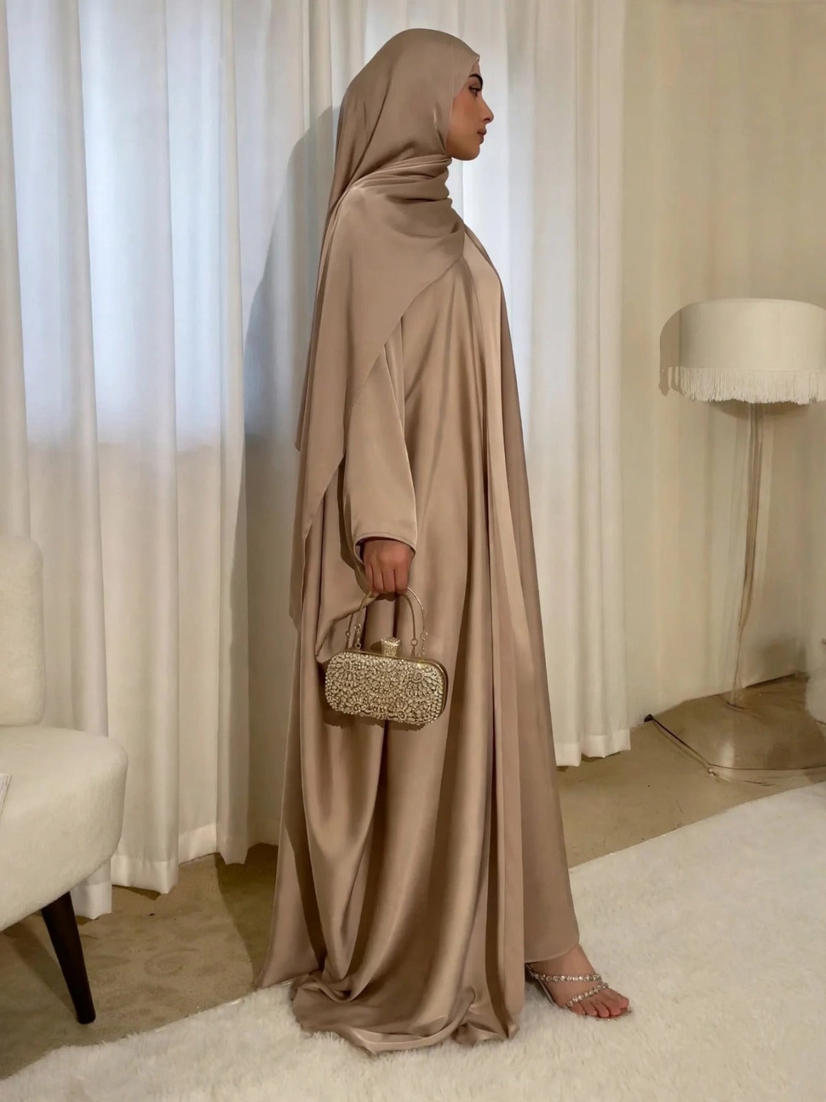 SAJAL DOUBLE SHRUG ABAYA | NUDE