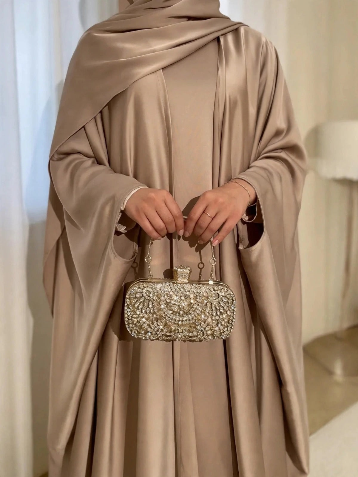 SAJAL DOUBLE SHRUG ABAYA | NUDE