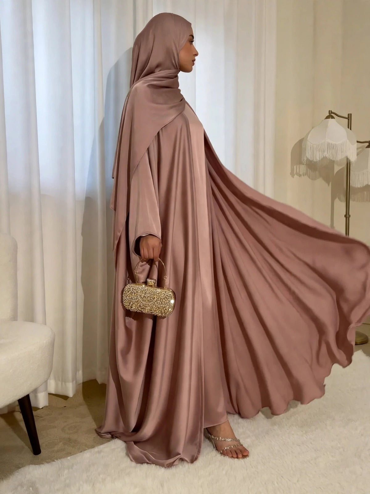 SAJAL DOUBLE SHRUG ABAYA | GOLDEN