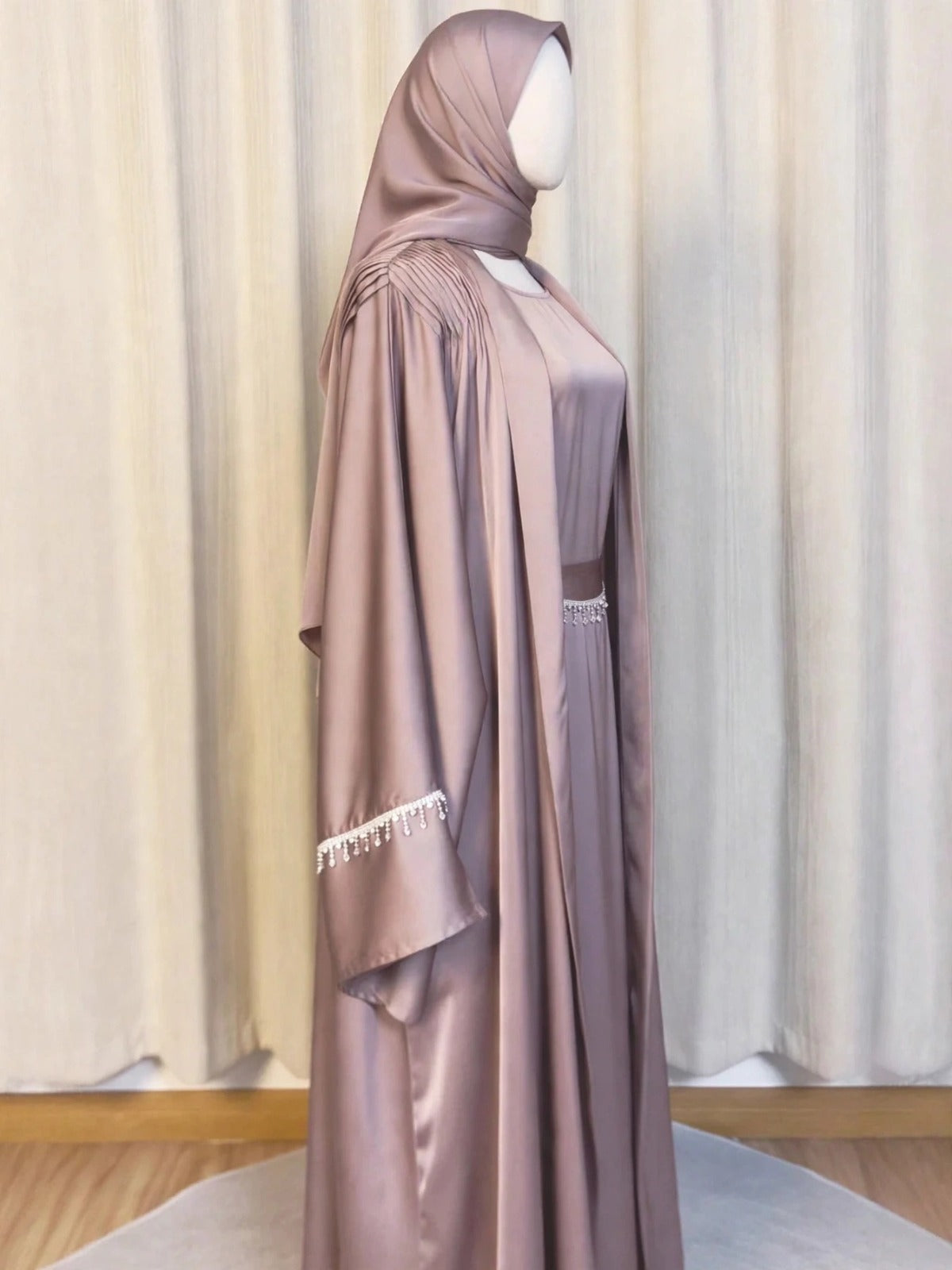 SAFFIA DOUBLE SHRUG LACE ABAYA | P-NUDE