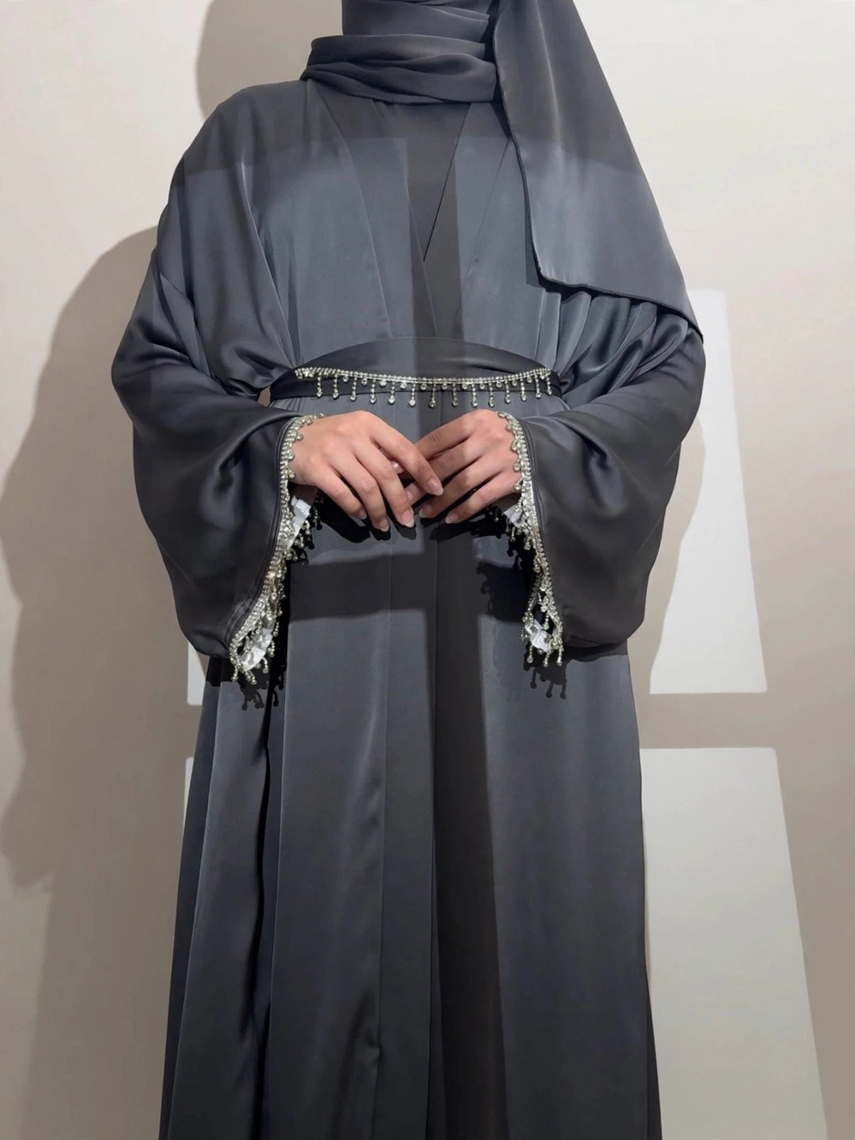SAFFIA DOUBLE SHRUG LACE ABAYA | GRAY