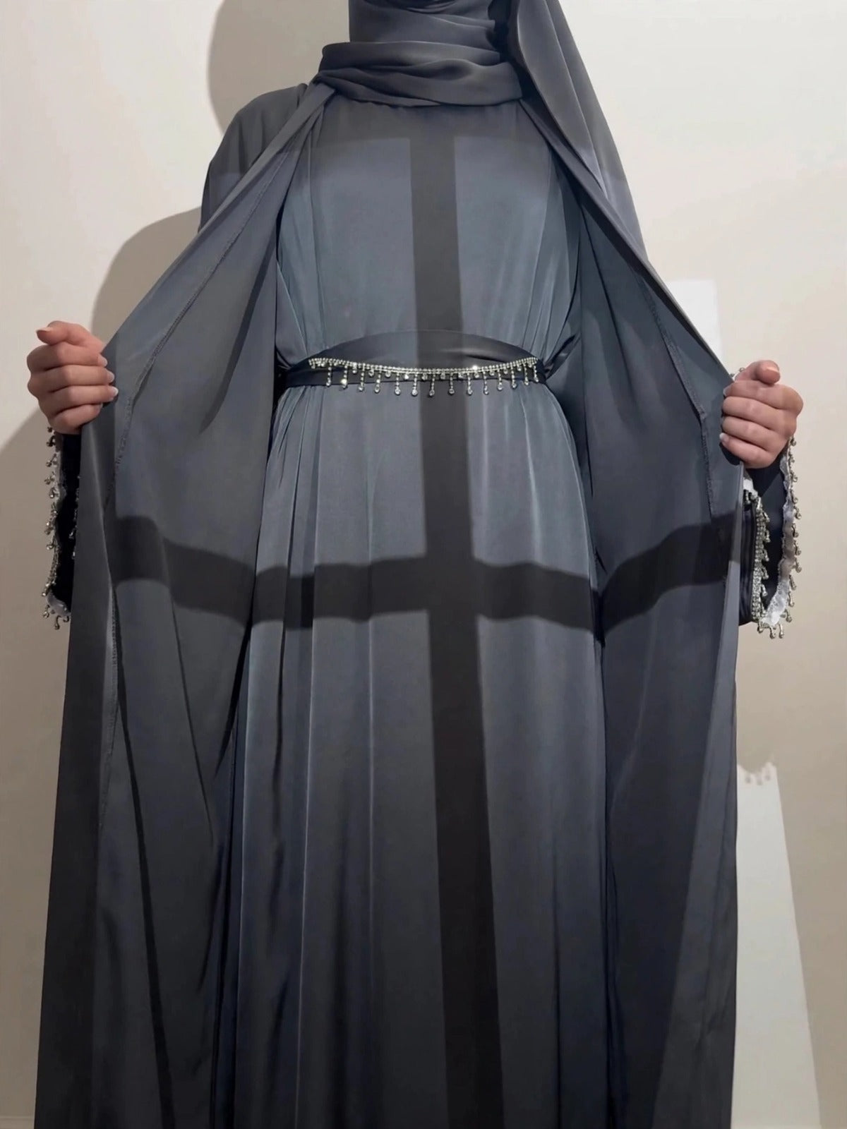 SAFFIA DOUBLE SHRUG LACE ABAYA | GRAY