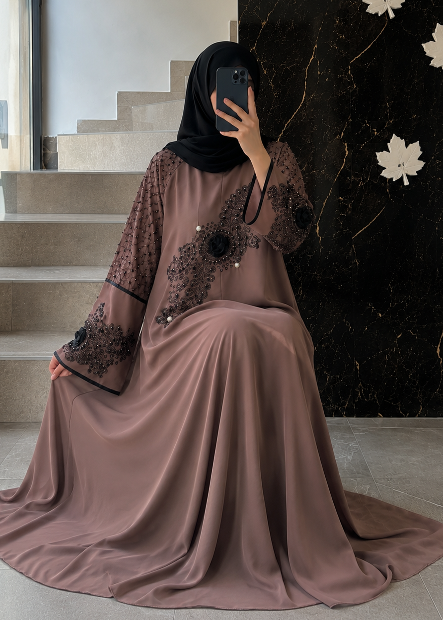 5639 - HANDWORK ABAYA | DARK NUDE