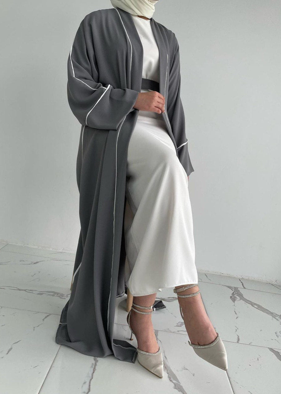 RUHI DOUBLE SHRUG ABAYA | DARK GRAY TO WHITE