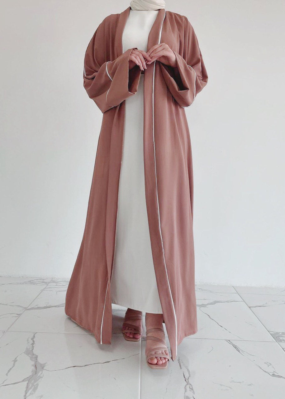 RUHI DOUBLE SHRUG ABAYA | GHESTNUT LITE TO WHITE