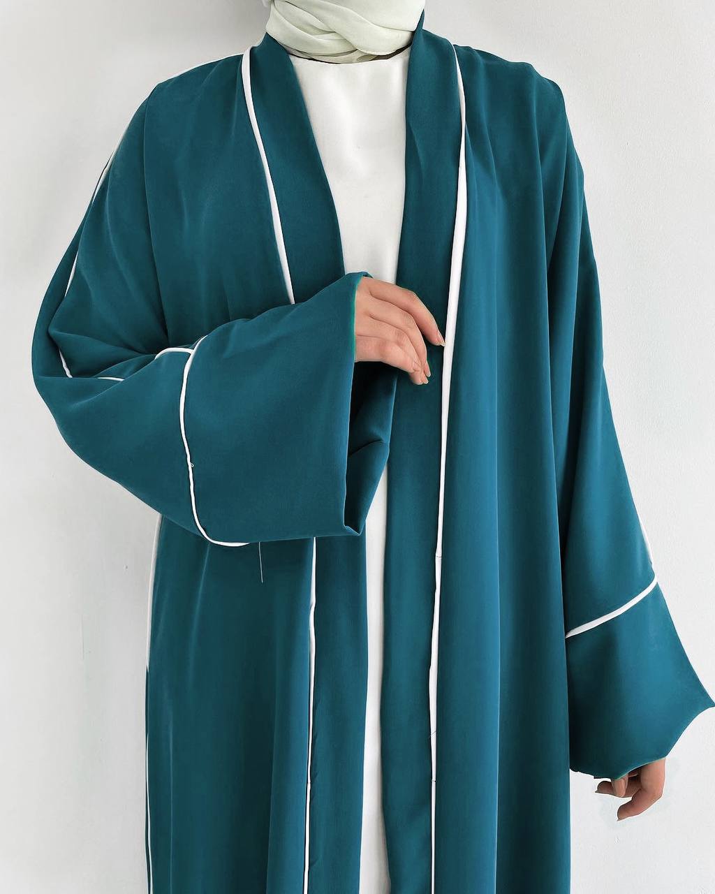 RUHI DOUBLE SHRUG ABAYA | TEAL TO WHITE