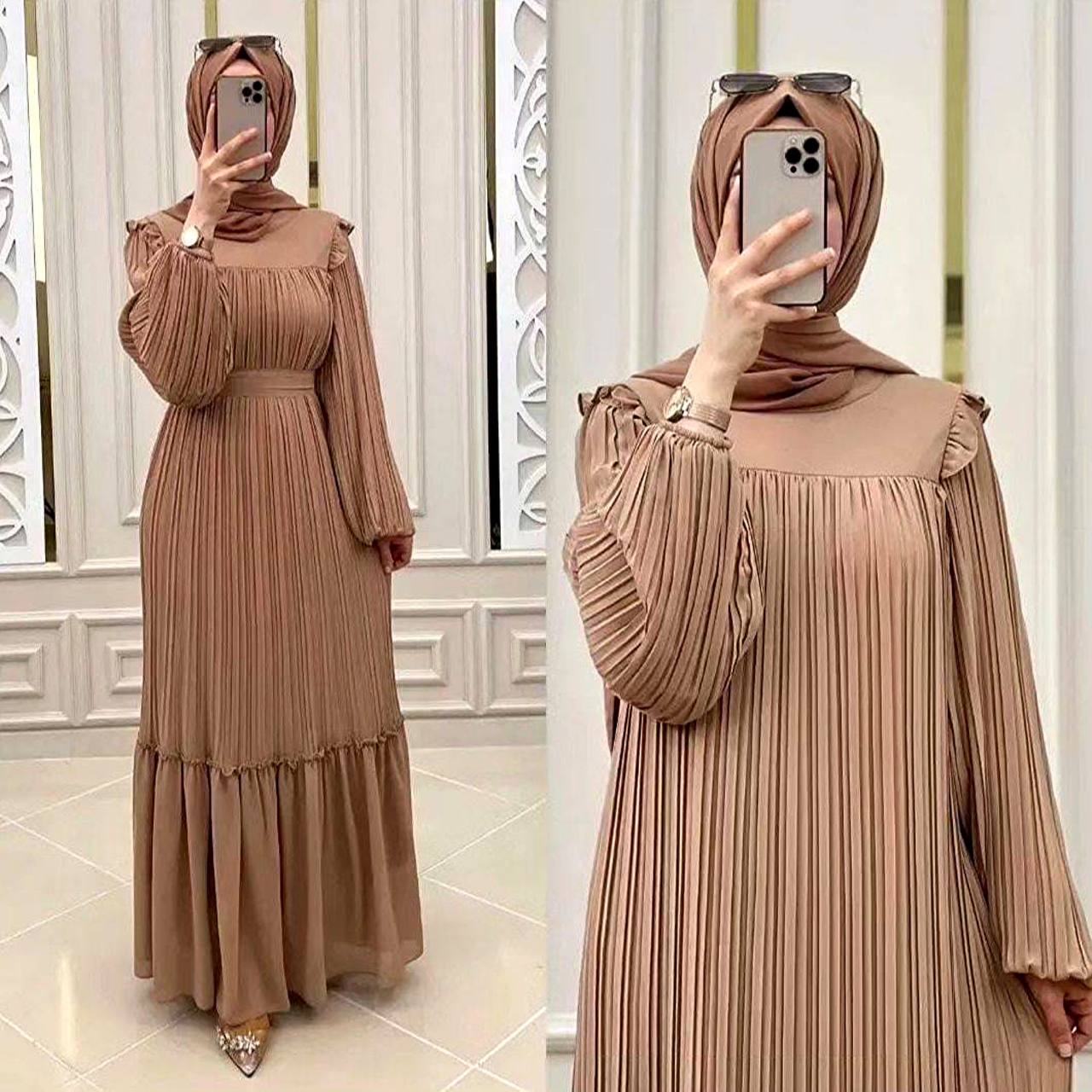 RIDA PLATED FRILL ABAYA | BEIGE