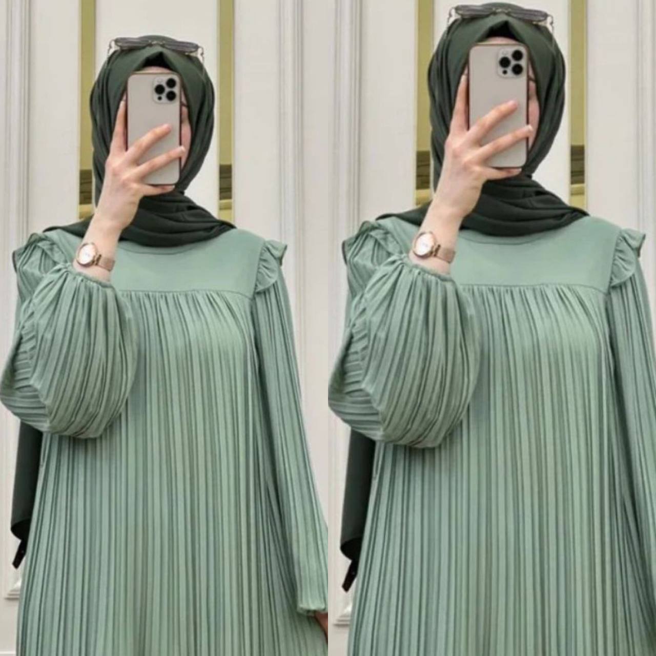 RIDA PLATED FRILL ABAYA | SEA GREEN