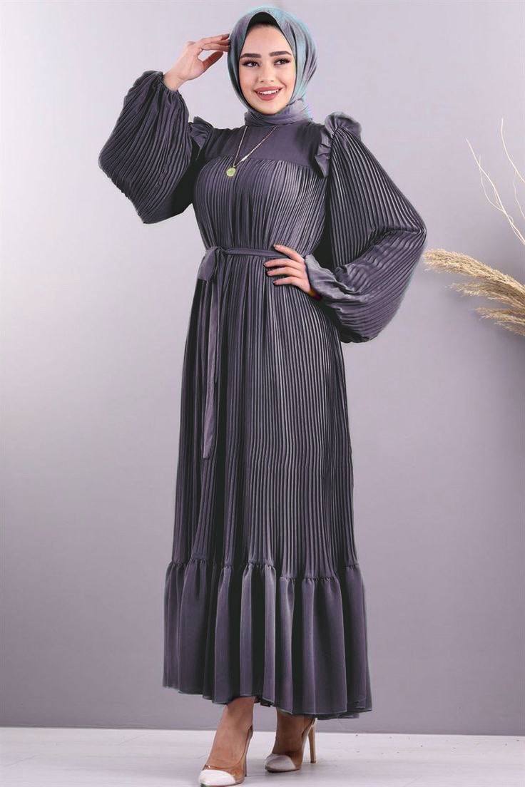 RIDA PLATED FRILL ABAYA | DARK GREY