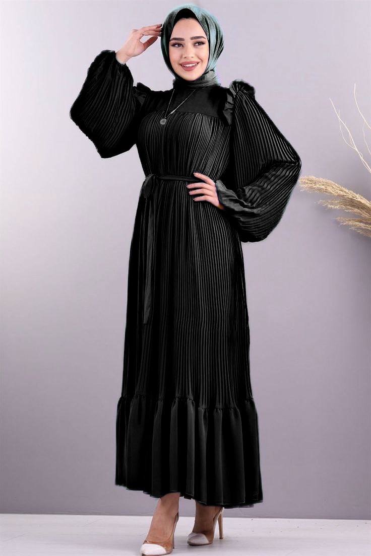 RIDA PLATED FRILL ABAYA | BLACK