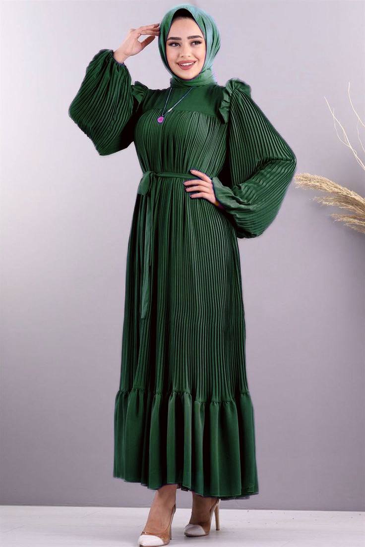 RIDA PLATED FRILL ABAYA | BOTTLE GREEN