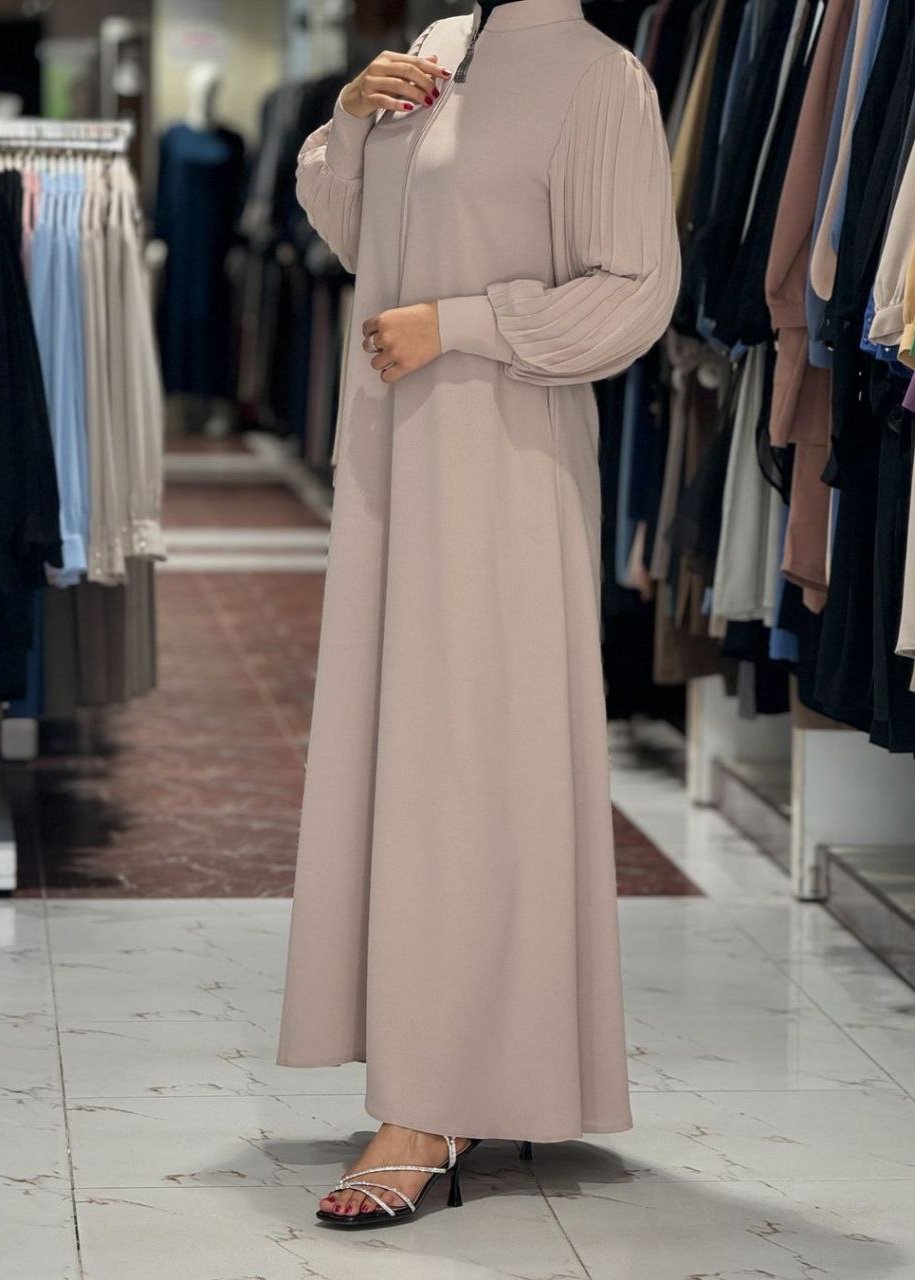 Imported Iram Zipper Abaya With Zebra plated Cuffed Sleeve ( NUDE )