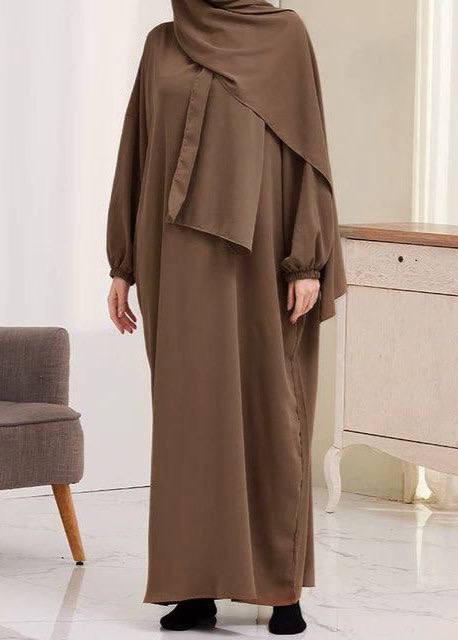 Ramzan Special Heeba Basic Lastic Sleeve Plain Abaya ( BEAR BROWN )