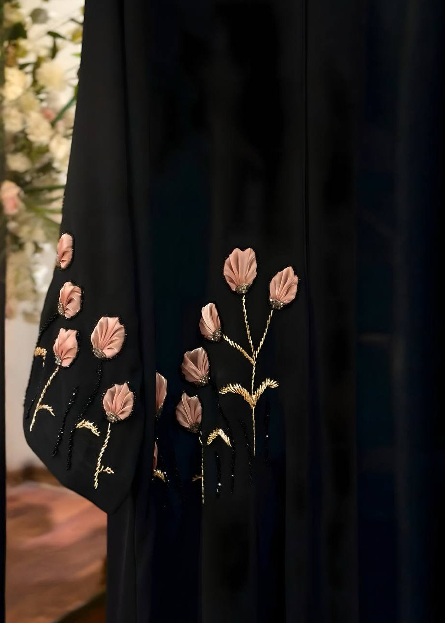AARZOO FLORAL ABAYA | PEACH