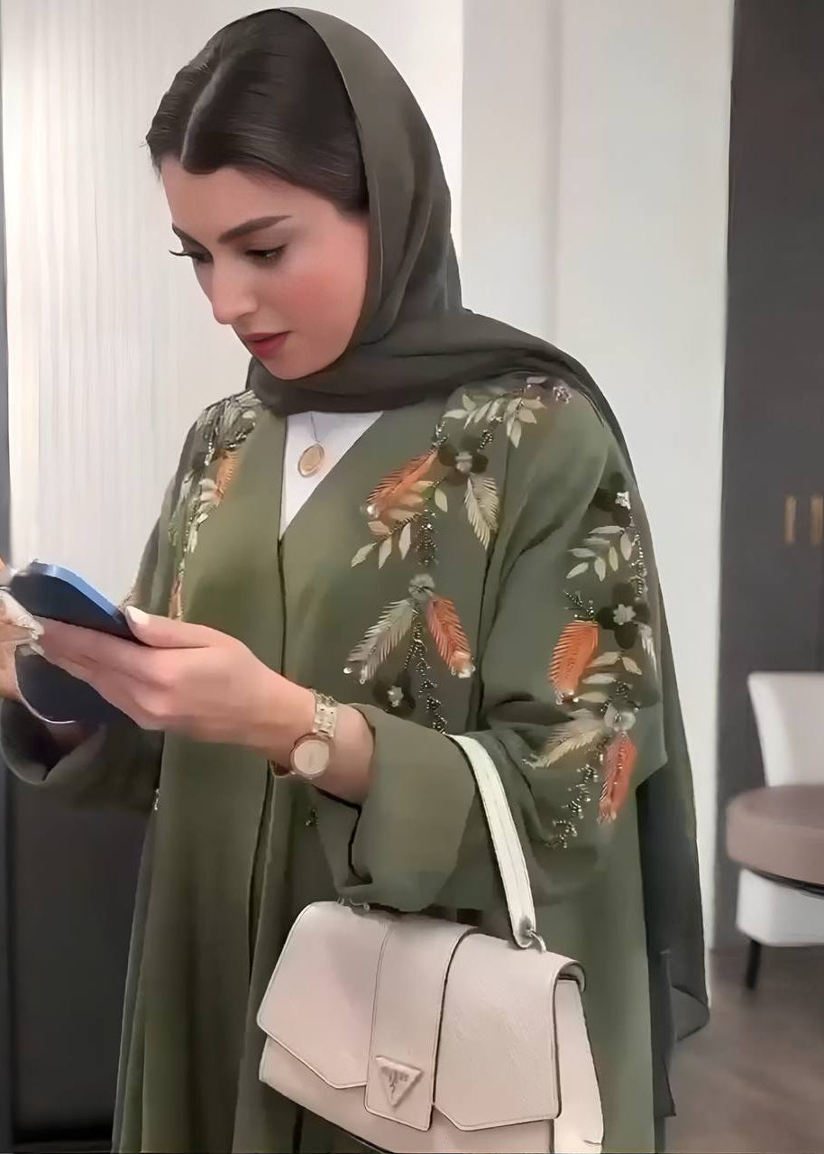 MANNARA FRONT OPEN ABAYA | OLIVE