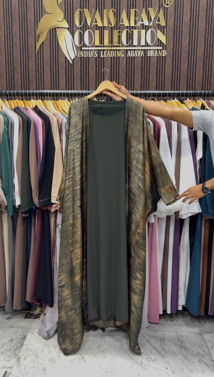 Sabah Double Shrug Smoke Shaded Abaya - OLIVE