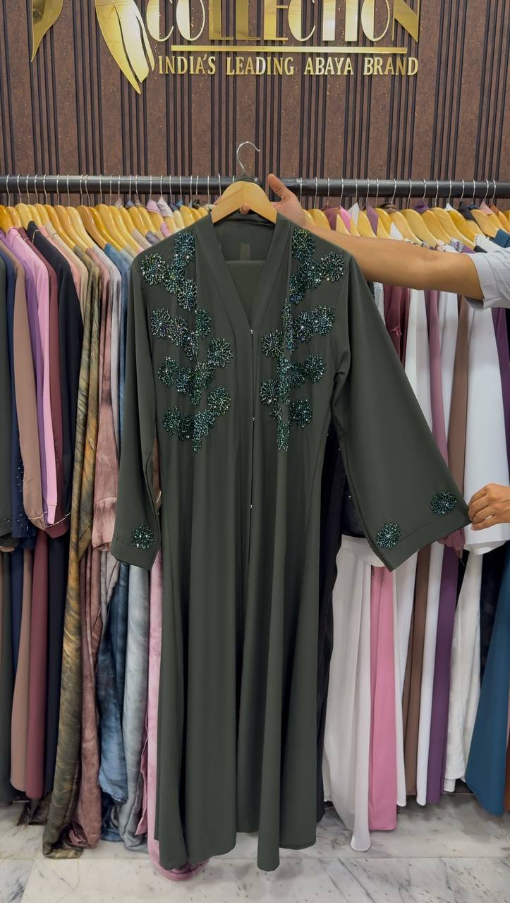 Tazeen Front Open Elegant Abaya - OLIVE