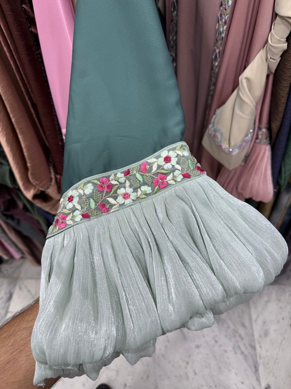 Heer Organza Sleeve Abaya - SEA GREEN