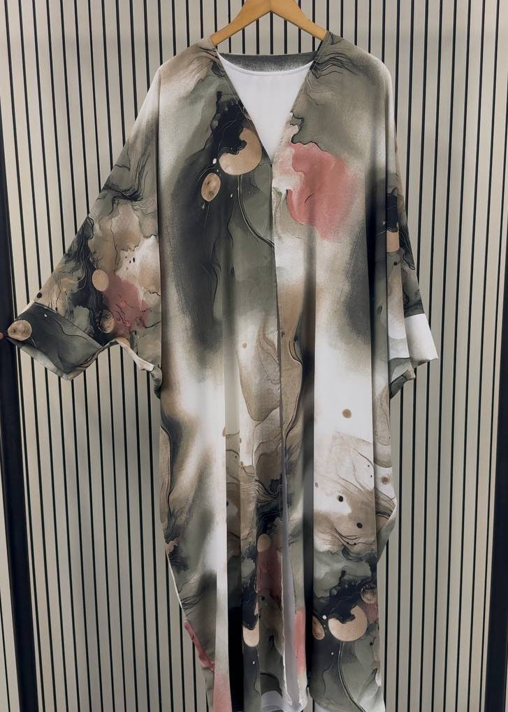 AQSA PRINTED KAFTAN ABAYA | OLIVE