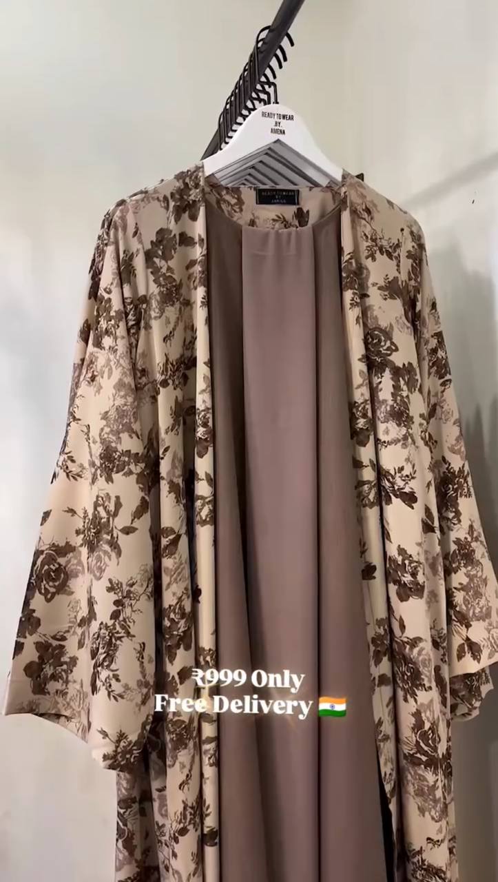 Nura Printed Double Shrug Abaya - COFFEE ( NEW LAUNCH )