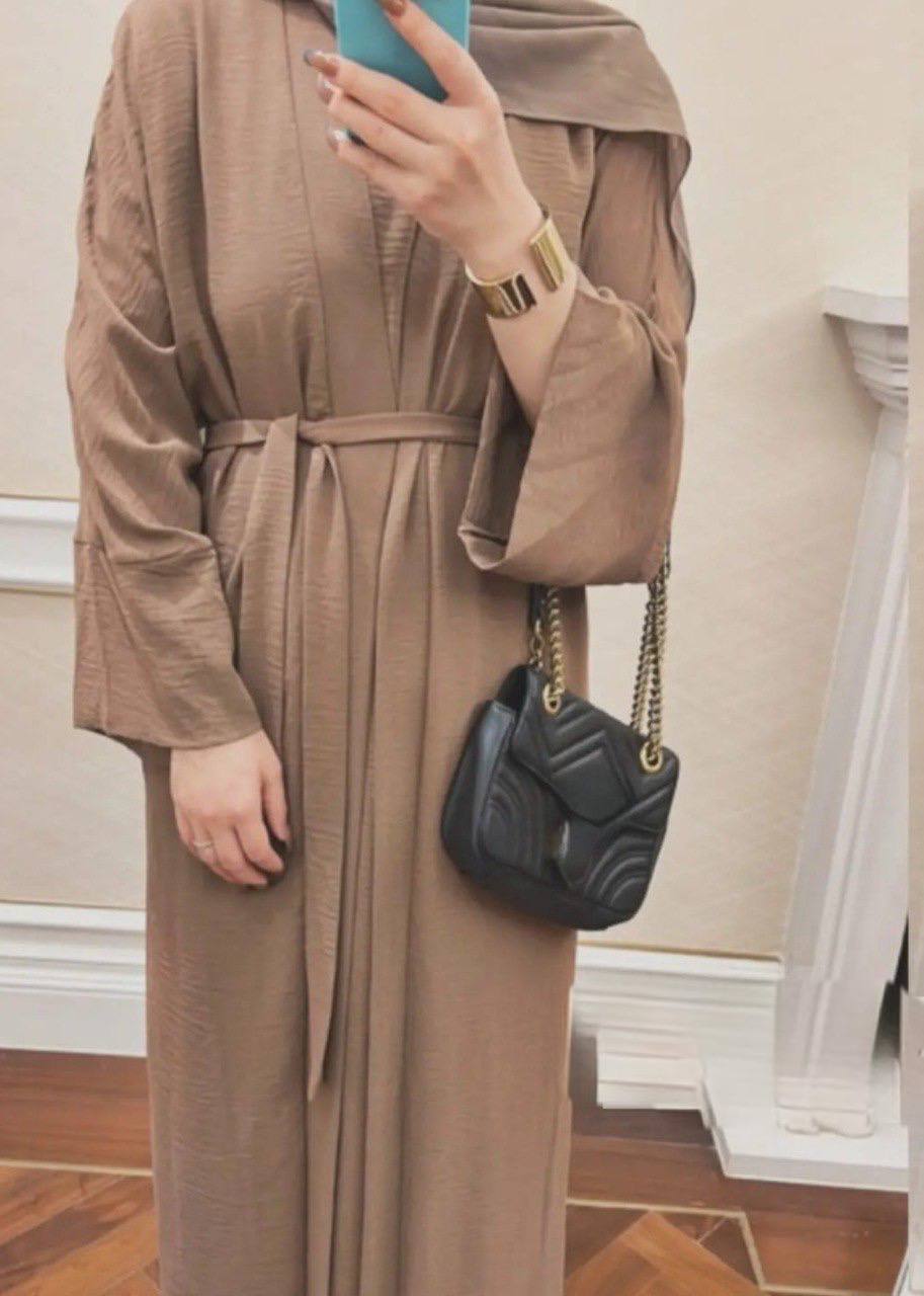 DUBAI CRUSH DOUBLE SHRUG ABAYA | ALMOND BROWN