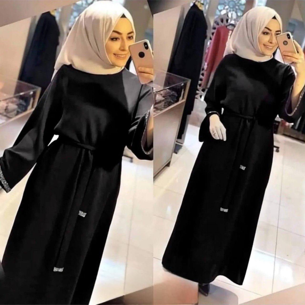 ZAINAB STONE LACE ABAYA  | BLACK