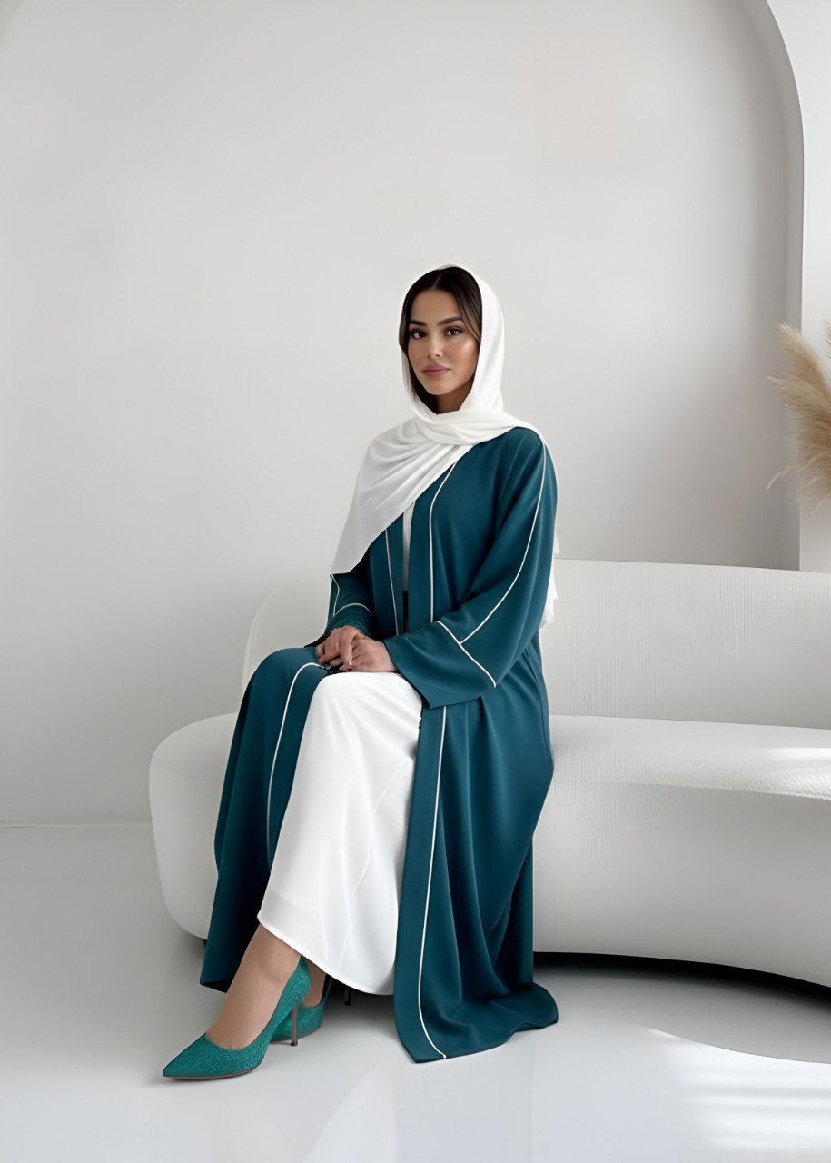 RUHI DOUBLE SHRUG ABAYA | TEAL TO WHITE