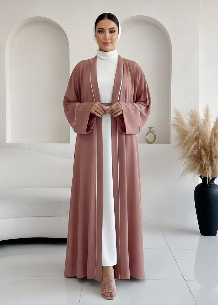 RUHI DOUBLE SHRUG ABAYA | GHESTNUT LITE TO WHITE