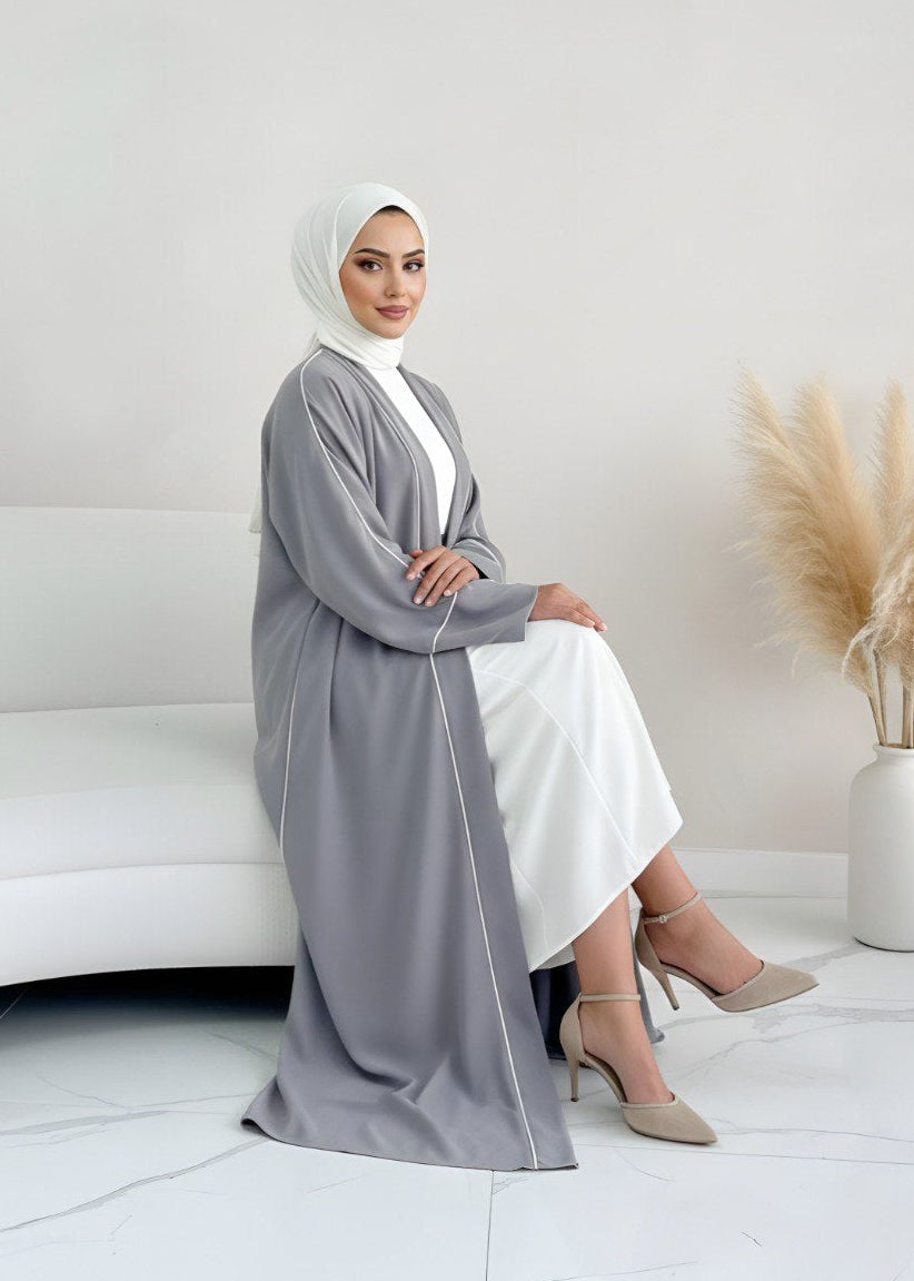 RUHI DOUBLE SHRUG ABAYA | LITE GRAY TO WHITE
