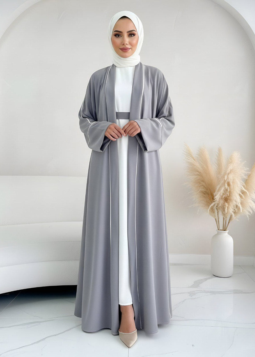 RUHI DOUBLE SHRUG ABAYA | LITE GRAY TO WHITE