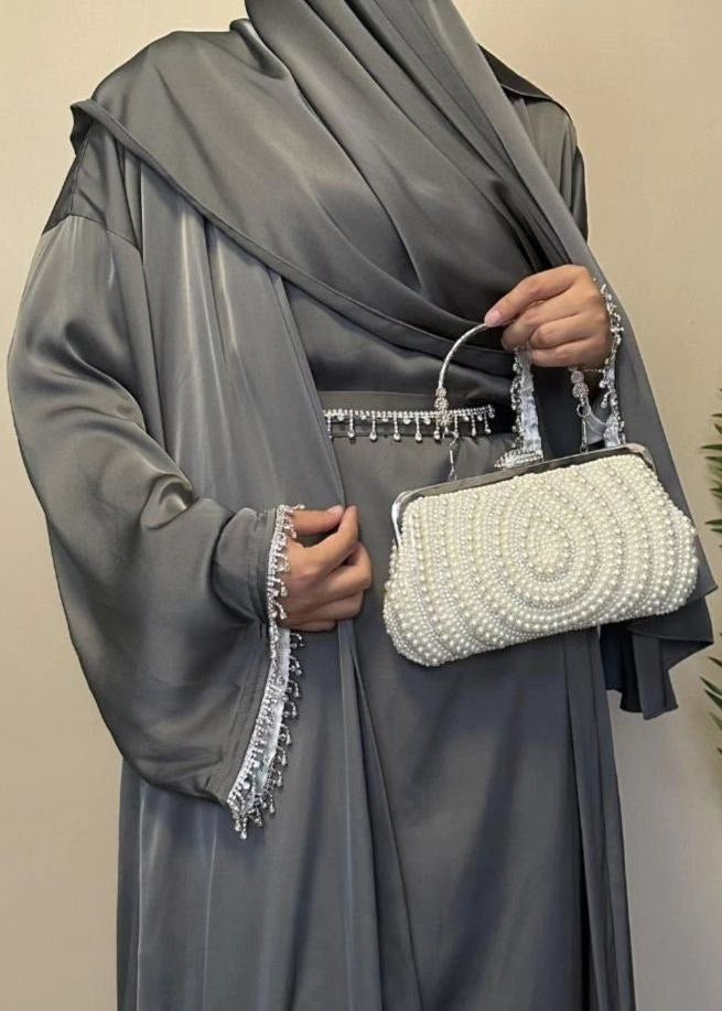 Saffia Imported Double Shrug Lace Abaya - GRAY