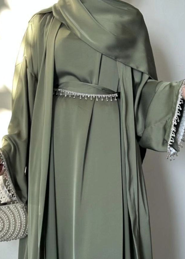 Saffia Imported Double Shrug Lace Abaya - PISTA GREEN