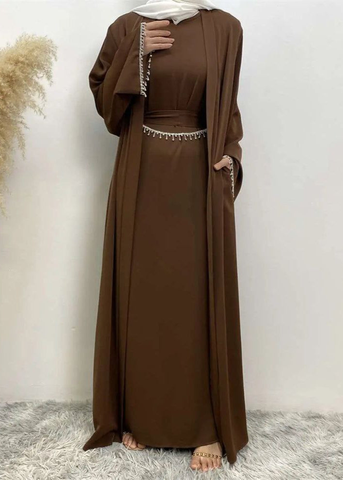 Saffia Imported Double Shrug Lace Abaya - BROWN