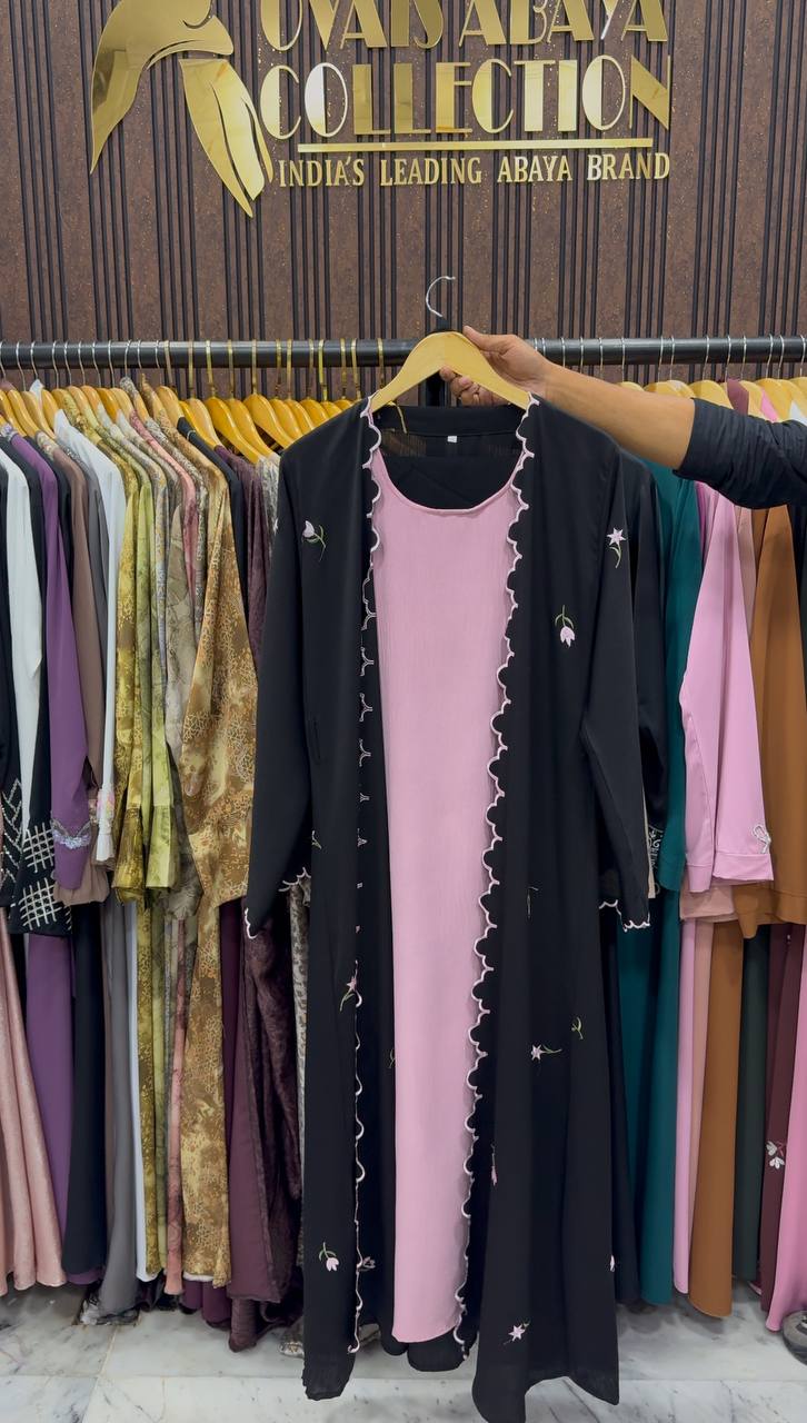 Tehmina Flower Print Double Shrug Abaya - ( PINK )