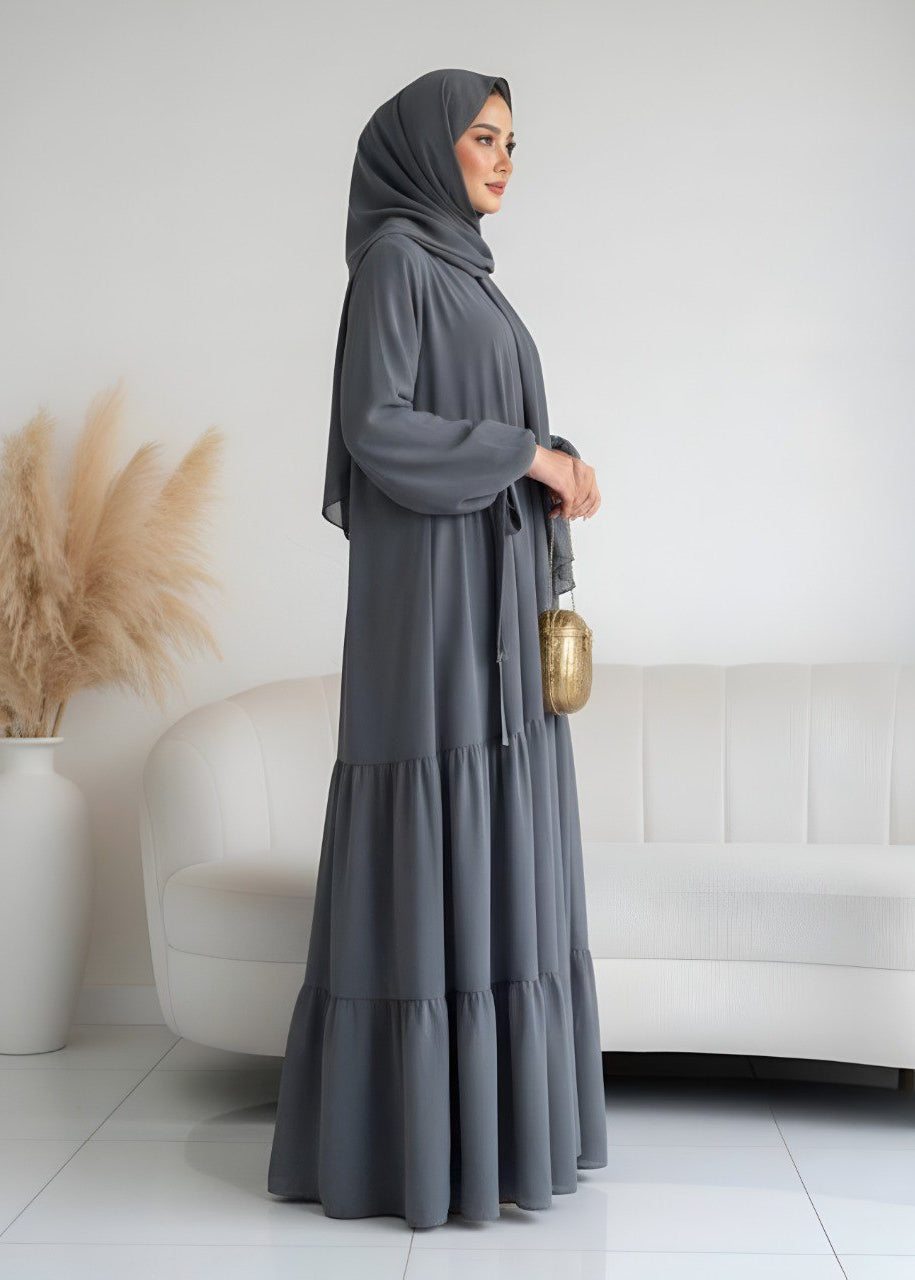 AMANI FRILL PLATES ABAYA | LITE GRAY