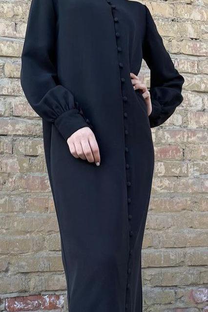 Ayesha Front Open buttons knot Abaya ( BLACK )